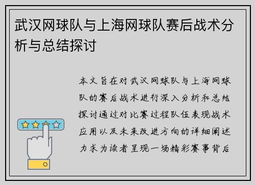 武汉网球队与上海网球队赛后战术分析与总结探讨